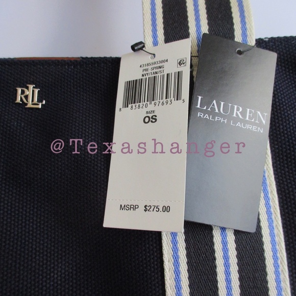 NWT Lauren Ralph Lauren Lora Stripe Detail Canvas Tote Bag Navy - Picture 14 of 16